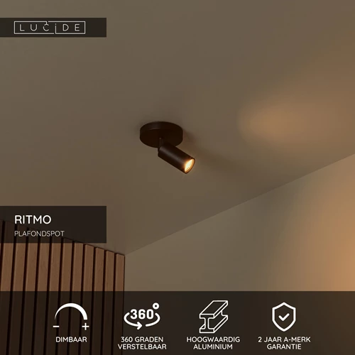 Lucide RITMO - Plafondspot - Ø 10 cm - 1xGU10 (MR11) - Zwart - USP